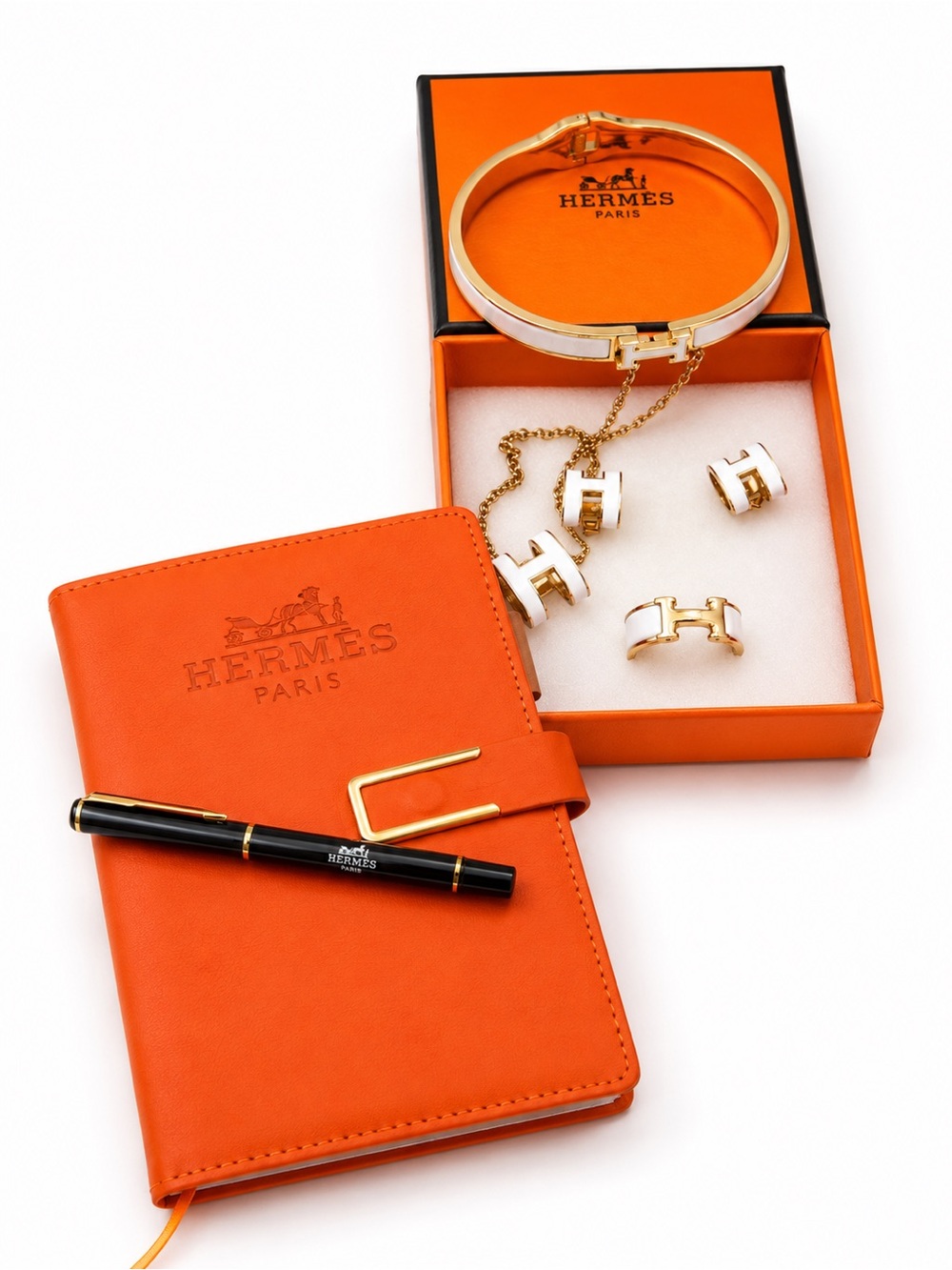 Inspired H White Enamel & Gold H Bracelet and Earring Set w/Notebook and pen